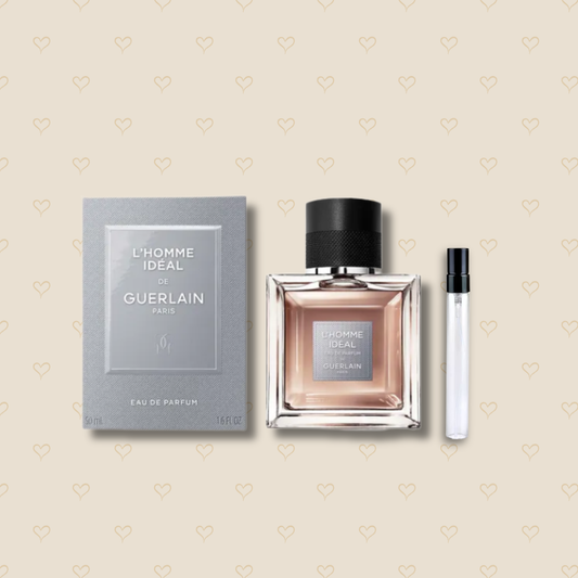 Guerlain L'Homme Idéal fragrance sample bottles in various sizes on a minimalist white background.