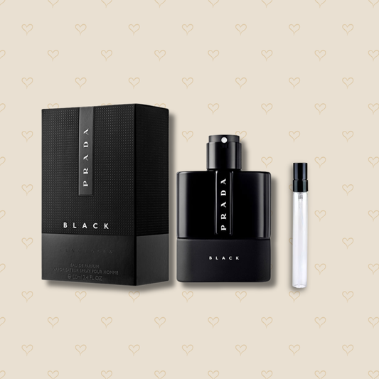 Prada Luna Rossa Black Duftprobe in various sizes, featuring minimalist packaging with a white and black design.